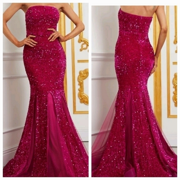 Hot Pink Backless,  Strapless,  Sleeveless,  Sequined Mermaid Maxi Gown - Picture 1 of 9